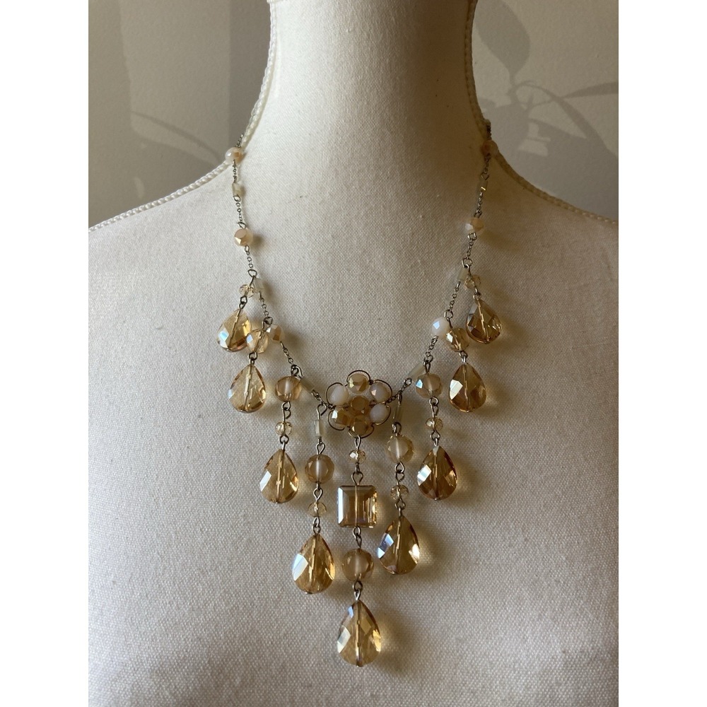 Crystal Bead Fringe Necklace AB Aurora Borealis Teardrop Dangle Romantic Beige